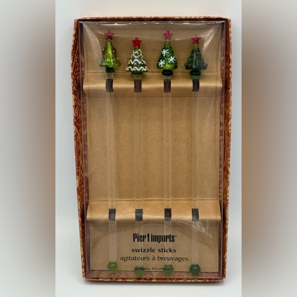Pier 1 Christmas‎ Tree Holiday Glass Swizzle Sticks New Old Stock Set of 4 NIP